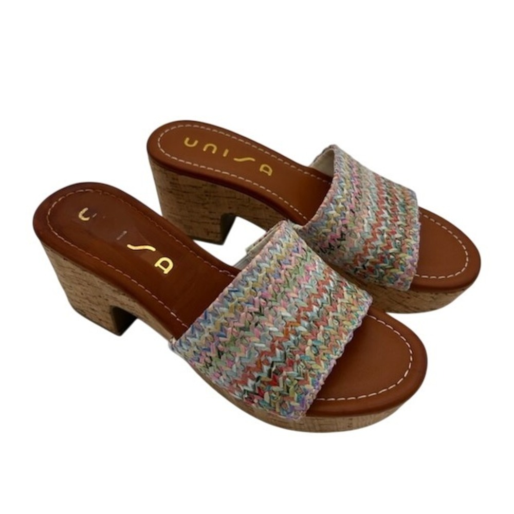 New Unisa Platform Rainbow Wedge Sandals Colorful Woven‎ Slide Cork Heel Size 7M